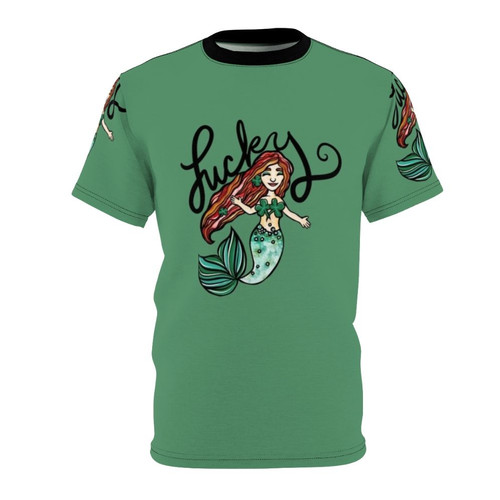 Illustration of a red-haired mermaid with a lucky shamrock against a mystical underwater background, perfect for mermaid graphic tee.