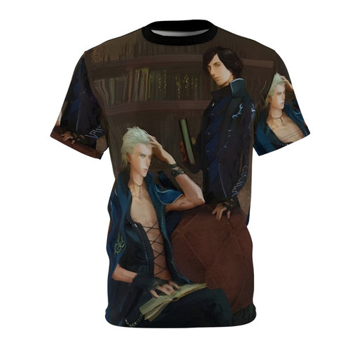 Illustration of Devil May Cry characters in an artistic painting-like design on a t-shirt