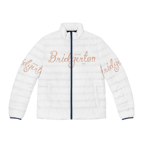 Peach puffer jacket with a Bridgerton-inspired design