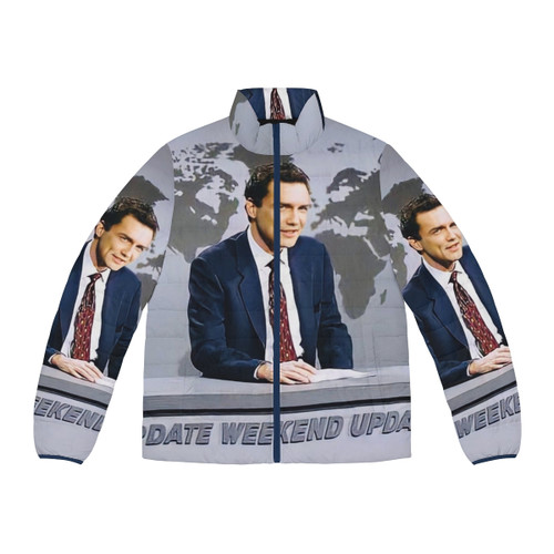 Norm Macdonald wearing a puffer jacket on SNL's Weekend Update desk