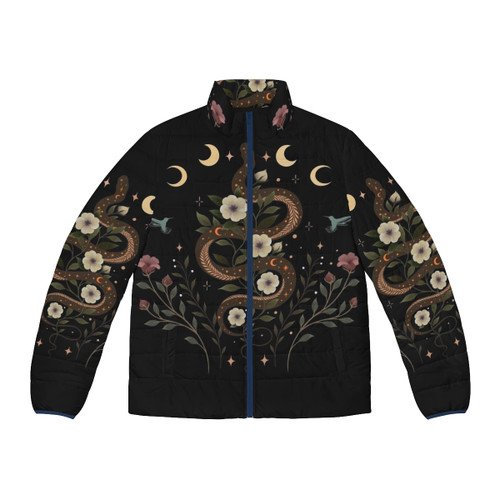 Serpent Spell Puffer Jacket in Mystical Botanical and Moonlight Design