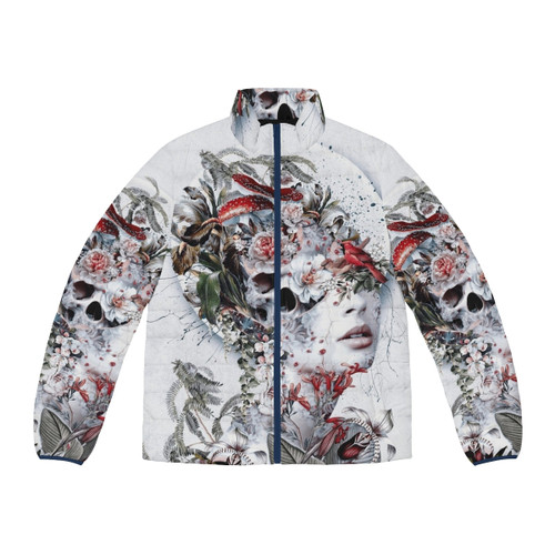 Immortal Surreal Fantasy Puffer Jacket with Skull and Flowers Design