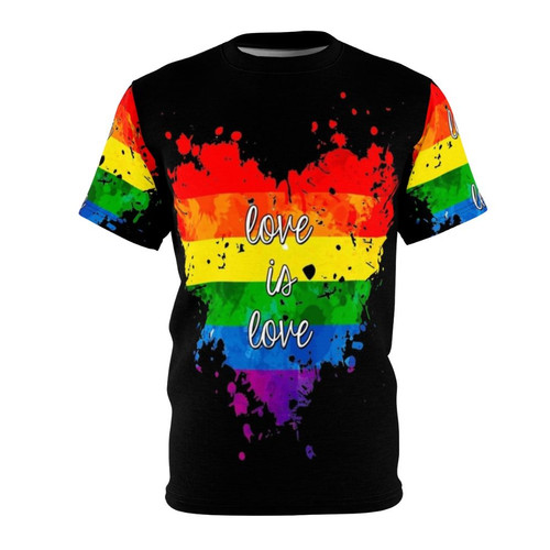 Colorful Love Is Love Pride T-Shirt with Rainbow, Heart, and Splatter Design