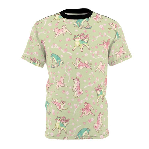 Shiba inu dog breed wearing a t-shirt with a cherry blossom and matcha green tea floral pattern design