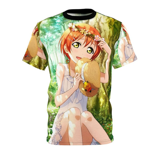 Vibrant floral crown design on a high-quality t-shirt, inspired by the anime series Love Live School Idol Project.