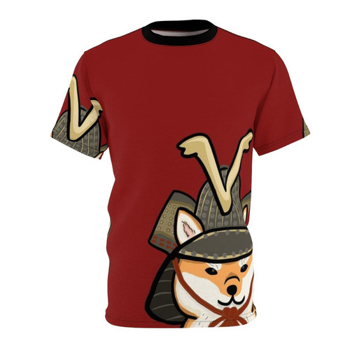 Shiba Inu dog wearing a samurai-inspired t-shirt with kabuto helmet design