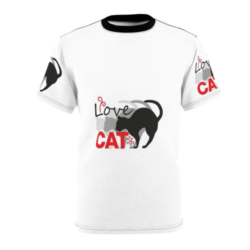 A vibrant all-over-print t-shirt featuring a playful cat design for cat lovers and pet owners.