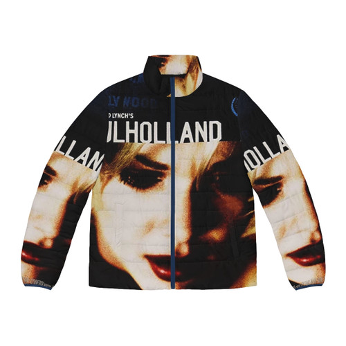 A stylish puffer jacket featuring a movie poster design inspired by the work of director David Lynch and the film Mulholland Drive.
