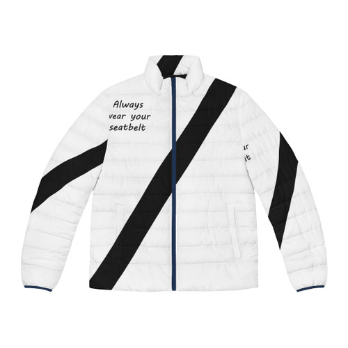 A puffer jacket with a seatbelt design for added safety and protection