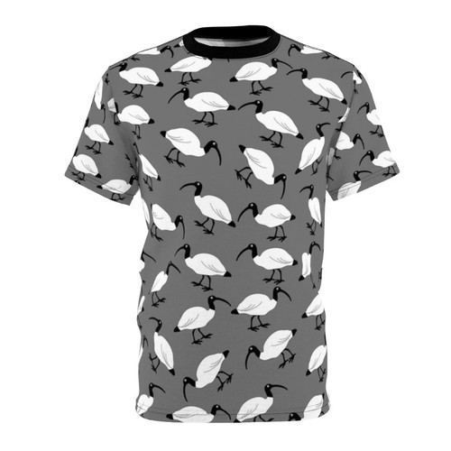 Vibrant all-over print t-shirt featuring a playful pattern of bin chickens, also known as ibis, a common sight in Australian cities.