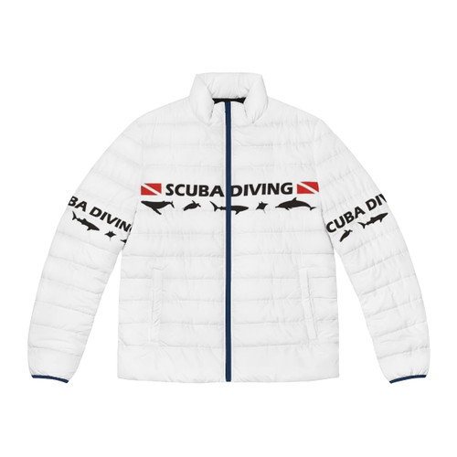 Person wearing a puffer jacket with scuba diving and ocean conservation design