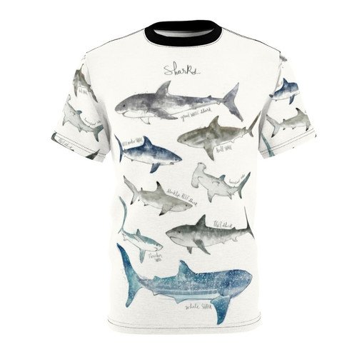 Realistic illustration of various shark species on a high-quality t-shirt