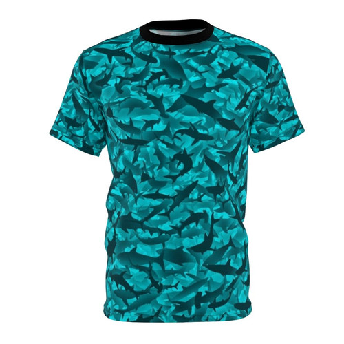 Closeup of a realistic shark pattern with camouflage-inspired colors and textures on a t-shirt