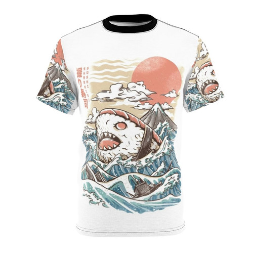 Illustration of a shark character with sushi, rice, and a retro Japanese wave pattern