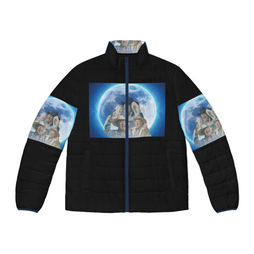 Screaming cowboy meme puffer jacket with electronic dance music parody