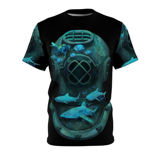 Whimsical t-shirt design featuring a diver helmet and marine life in a fantasy underwater scene.