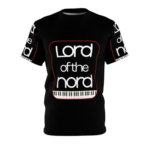 Nordified musical graphic design t-shirt with a humorous piano keyboard logo
