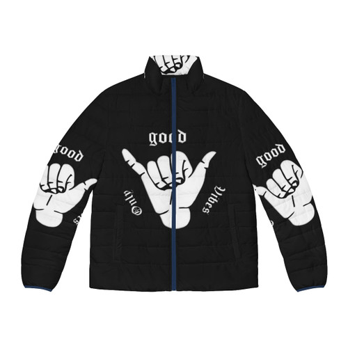 Colorful and vibrant puffer jacket with "Good Vibes Only" text