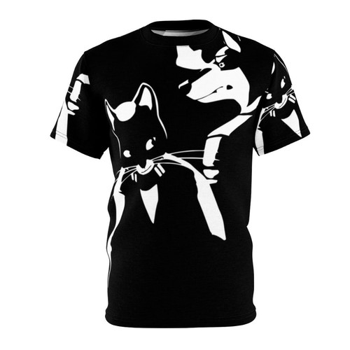 Monochrome t-shirt design with a contrasting robot art and electro swing music inspired graphics