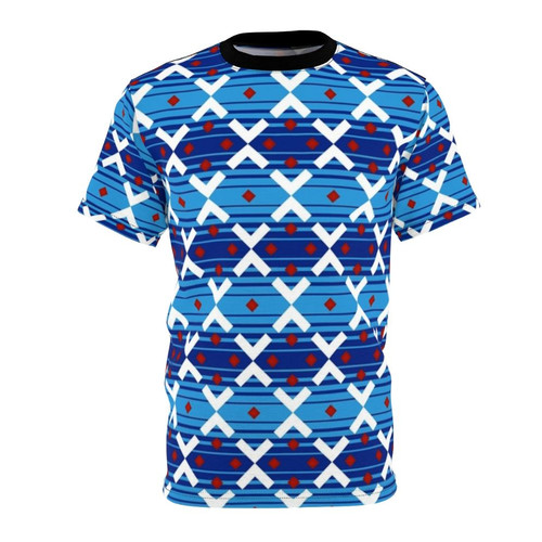Model wearing a blue t-shirt featuring a vintage-style train seat cover design inspired by the classic London Underground.