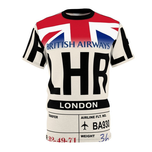 Illustration of an airport luggage tag on a t-shirt with the text "London LHR"