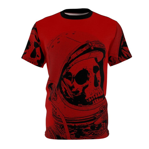 Cosmic Death Astronaut T-Shirt featuring a skull astronaut in deep space against a backdrop of stars, planets, and a nebula.
