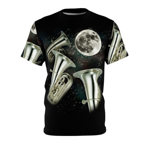 Three tuba moon design printed on a high-quality t-shirt with a night sky and space background.