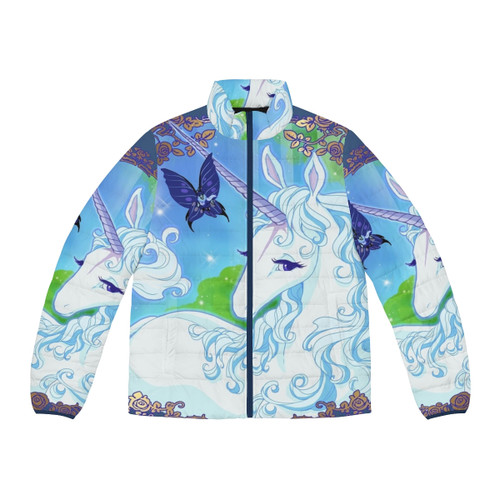 Person wearing a puffer jacket with a unicorn design