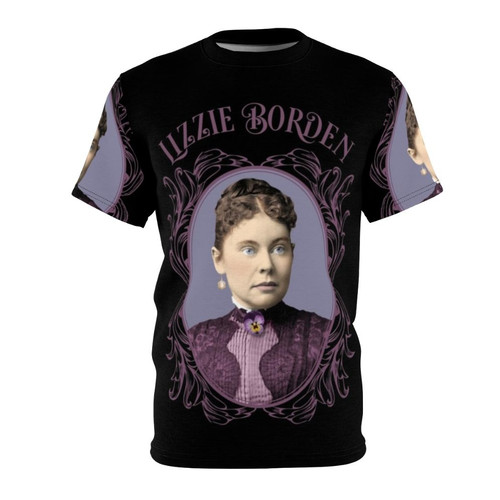 Vintage-style t-shirt featuring a pansy brooch on a purple dress, inspired by the infamous Lizzie Borden case