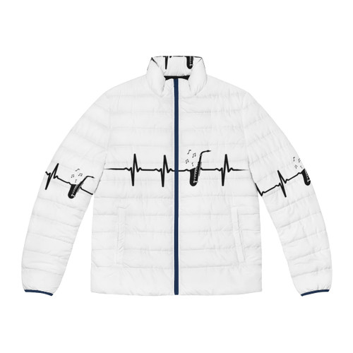 A cozy puffer jacket with a saxophone design, perfect for music lovers
