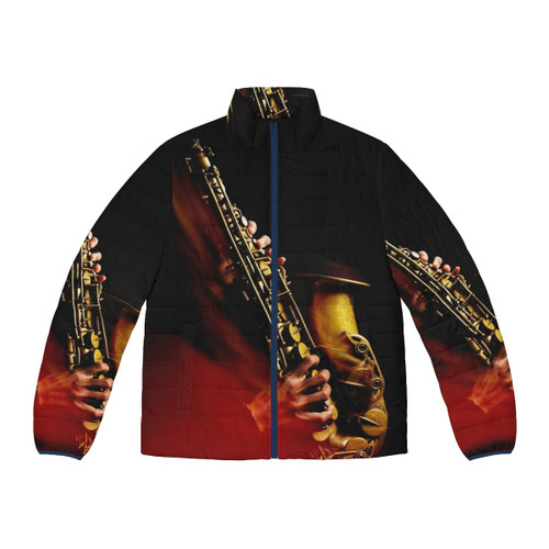 Saxophone player wearing a red puffer jacket with a flame pattern