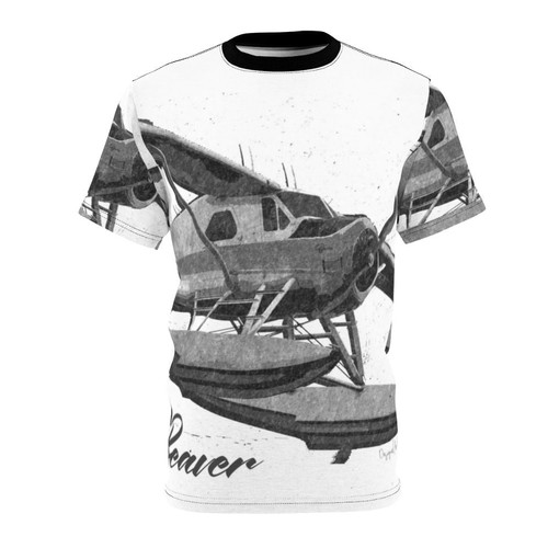 Illustration of a Dehavilland DHC-2 Beaver floatplane against a sketched background, featured on a high-quality t-shirt for aviation enthusiasts.