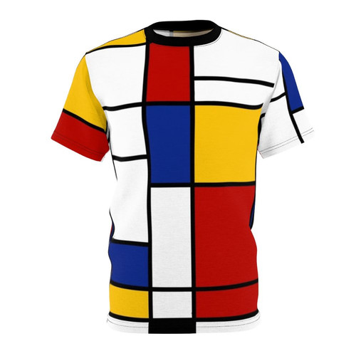 Model wearing a t-shirt featuring a De Stijl-inspired geometric abstract art design in primary colors.