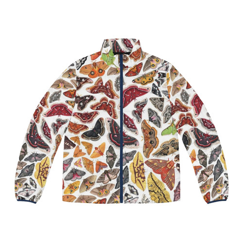 Puffer jacket featuring a scientific illustration of Saturniid moths of North America