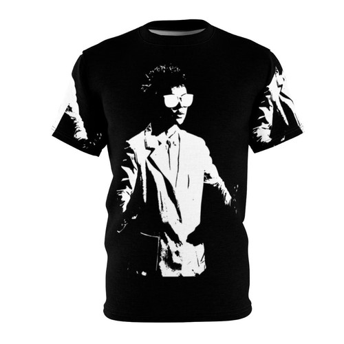 Laurie Anderson inspired graphic tee with woman in suit and glasses, black and white duotone design