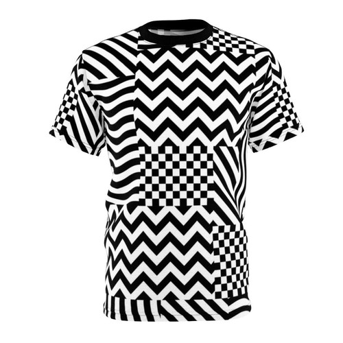Dazzling abstract geometric camo print design on a black and white t-shirt