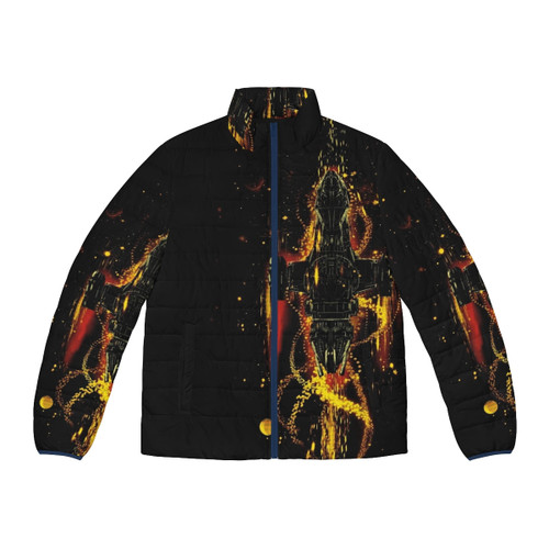A puffer jacket inspired by the sci-fi series Fireflies, featuring the show's iconic imagery and characters.