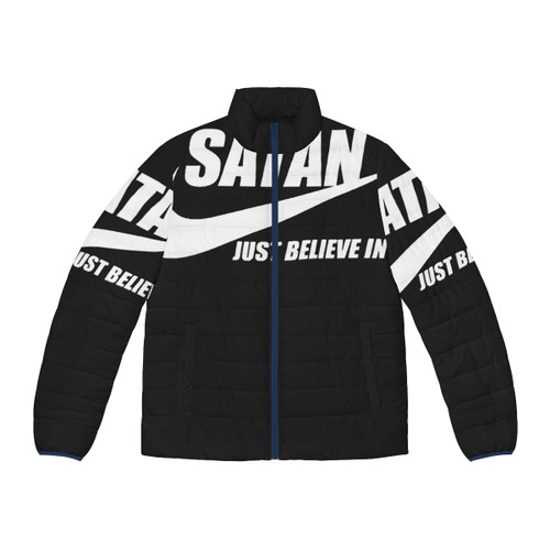 Satanic guitar puffer jacket with demonic artwork and devil-inspired design