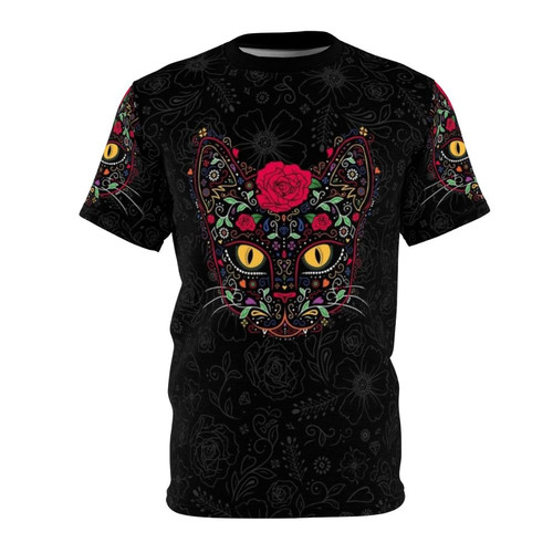A dark and mystical sugar skull cat t-shirt design for Day of the Dead celebrations.