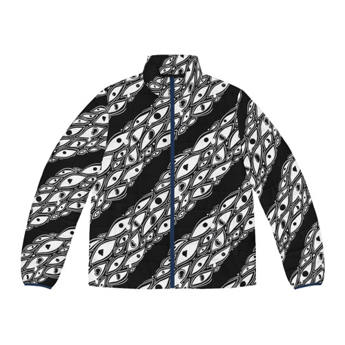 Puffer jacket with an unsettling eyes pattern design - perfect for Halloween and horror enthusiasts.