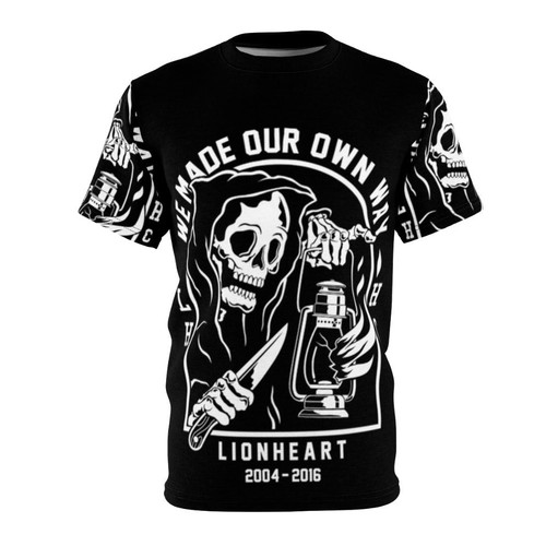 Heavy metal inspired t-shirt with skull, grim reaper, and metal band imagery