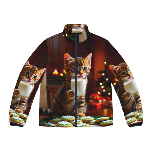 Santa's Secret Helper Colorful Puffer Jacket with Cat Art Design