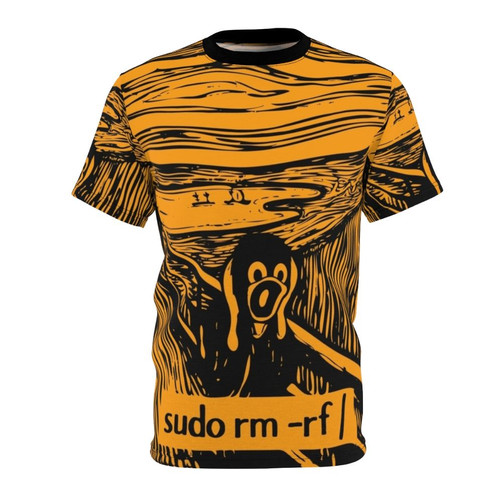 Minimalist design of Linux Tux penguin character screaming on a t-shirt