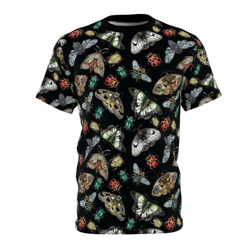 Colorful T-Shirt Featuring a Lino Print Design of Australian Bugs, Moths, Butterflies, and Insects