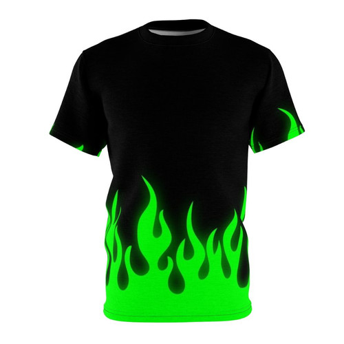 Vibrant lime green t-shirt with a bold, neon fire graphic design