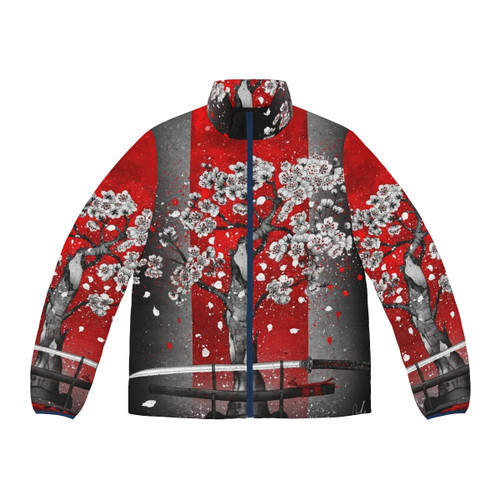 A stylish samurai-inspired puffer jacket with a cherry blossom design
