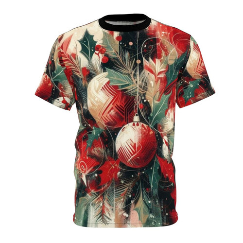Person wearing a t-shirt with a Christmas decorations design, showcasing the festive spirit of the holiday season.