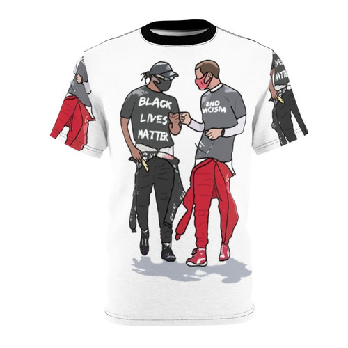 Formula 1 racing t-shirt with graphic design featuring Sebastian Vettel and Lewis Hamilton