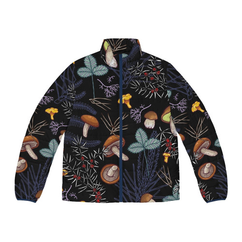 Dark puffer jacket featuring a forest mushroom pattern