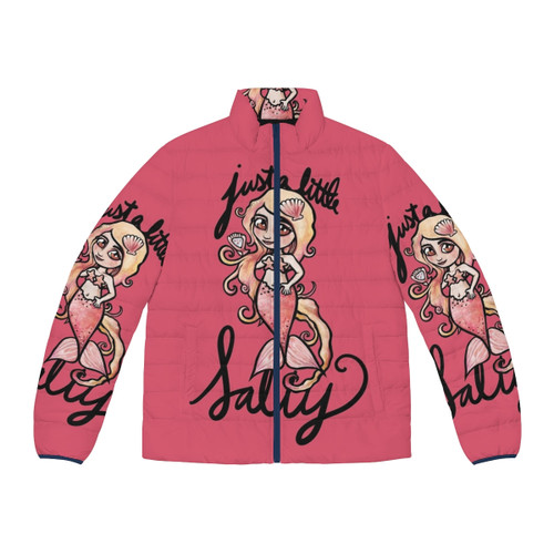 Salty mermaid puffer jacket with whimsical mermaid design